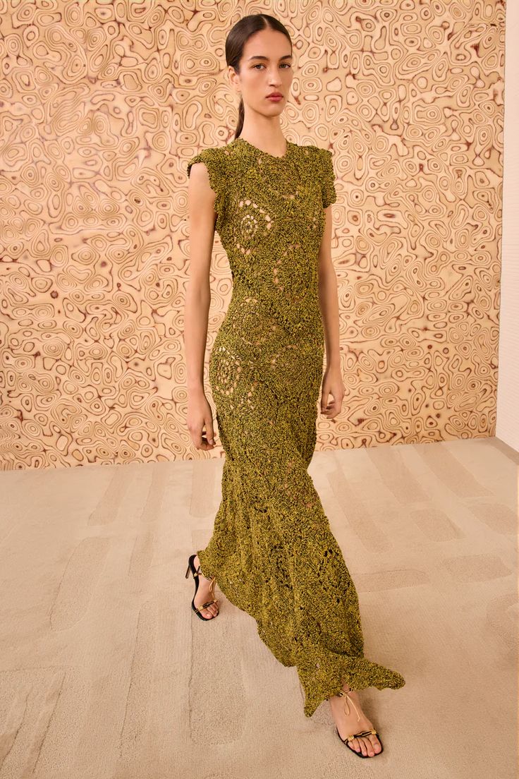 Annalisa Hand Crochet Midi Dress in Olive
