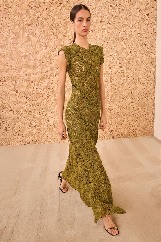 Annalisa Hand Crochet Midi Dress in Olive