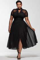 Xpluswear Design Plus Size Party Black V Neck Short Sleeve See Through Pleated Chiffon Midi Dresses [Pre-Order] Black-2X