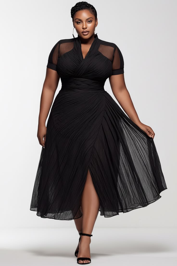 Xpluswear Design Plus Size Party Black V Neck Short Sleeve See Through Pleated Chiffon Midi Dresses [Pre-Order] Black-2X