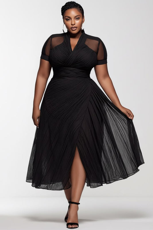 Xpluswear Design Plus Size Party Black V Neck Short Sleeve See Through Pleated Chiffon Midi Dresses [Pre-Order] Black-2X