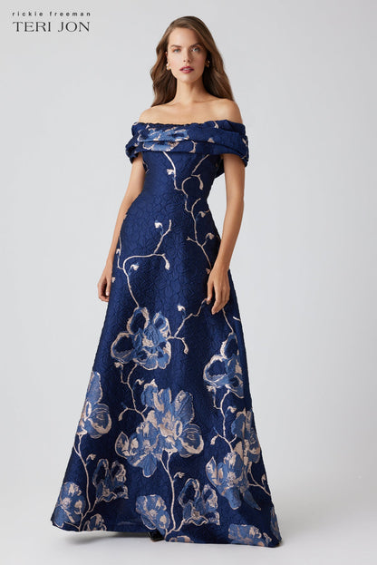Navy Multi Margot Off-Shoulder Floral Gown