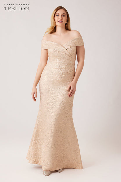 Gold Metallic Jacquard Portrait Collar Side Drape Gown