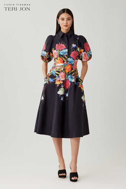 Black Multi Margot Cotton Shirt Dress with Puff Sleeves