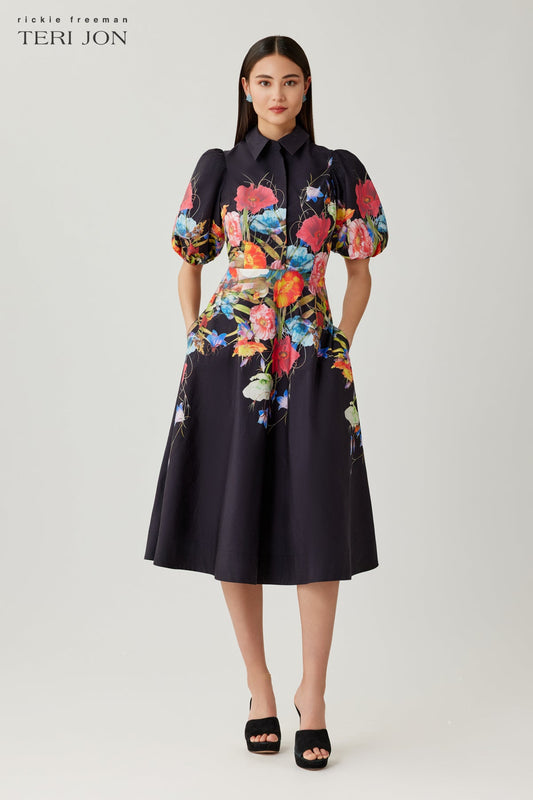 Black Multi Margot Cotton Shirt Dress with Puff Sleeves