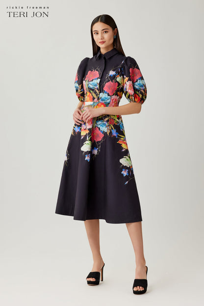 Black Multi Margot Cotton Shirt Dress with Puff Sleeves