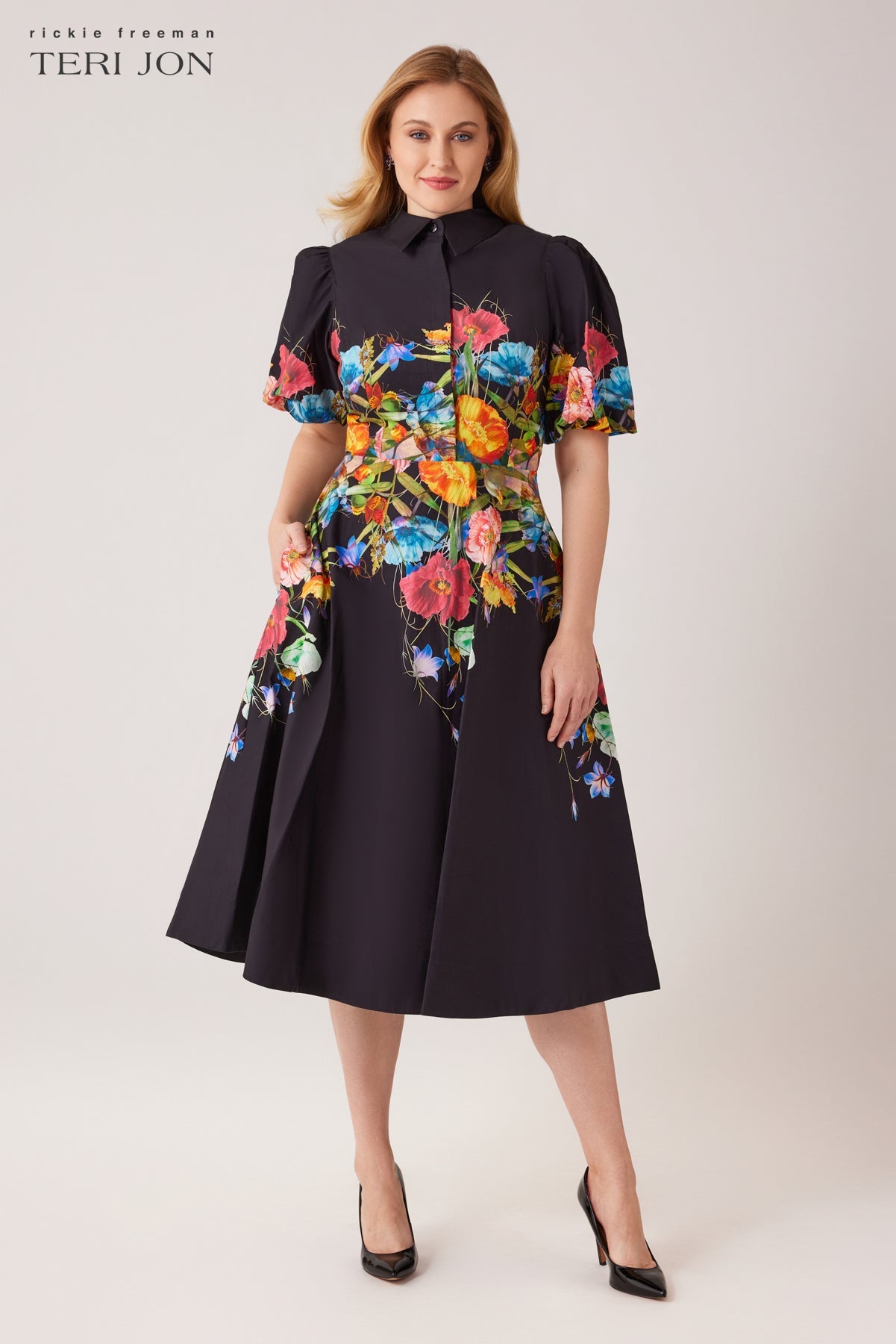 Black Multi Margot Cotton Shirt Dress with Puff Sleeves