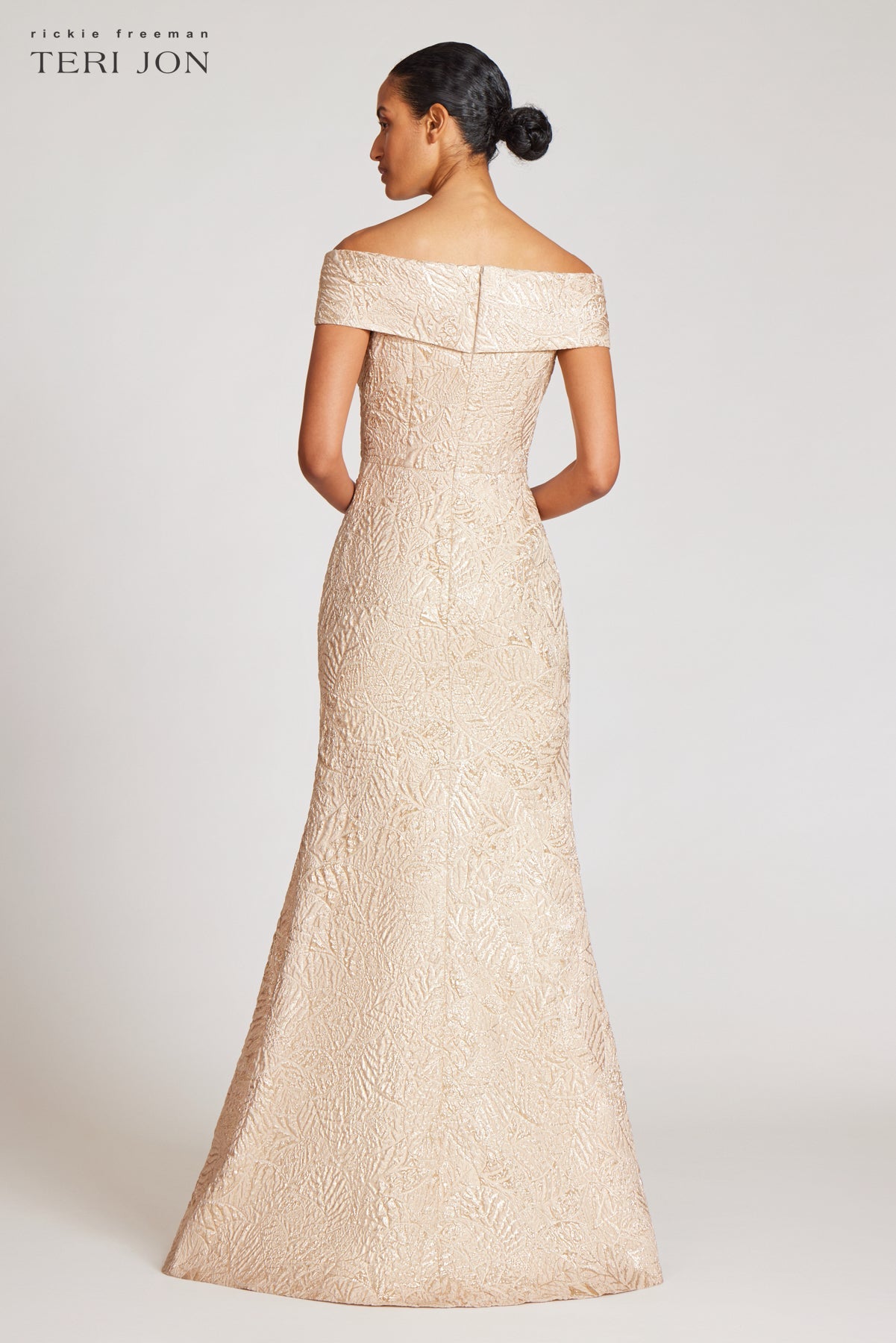 Gold Metallic Jacquard Portrait Collar Side Drape Gown
