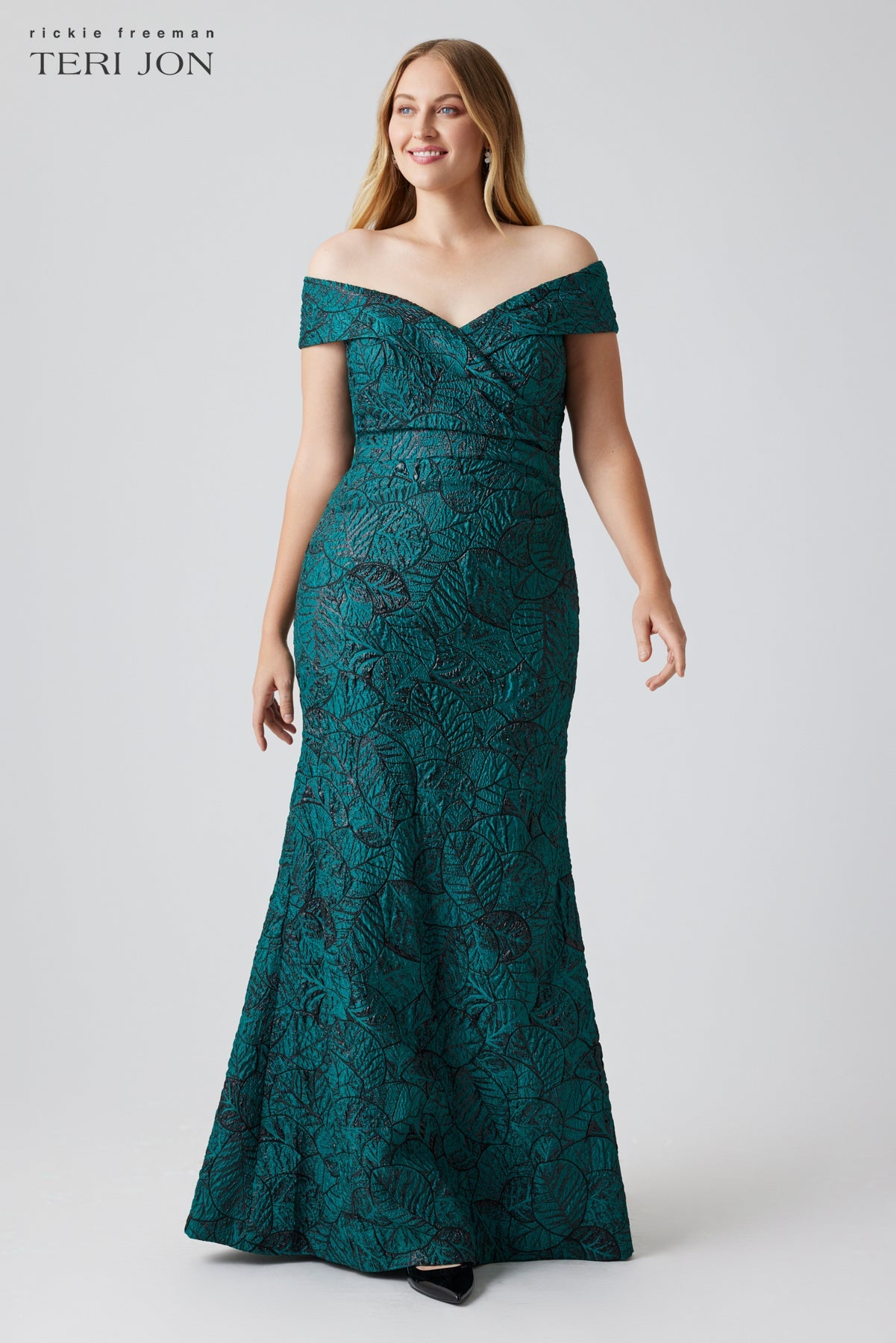 Gold Metallic Jacquard Portrait Collar Side Drape Gown