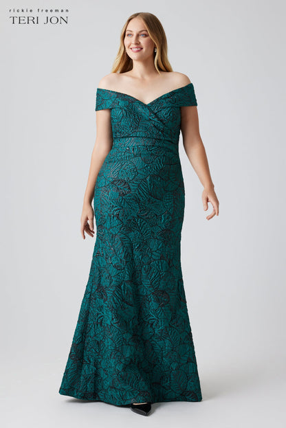 Gold Metallic Jacquard Portrait Collar Side Drape Gown
