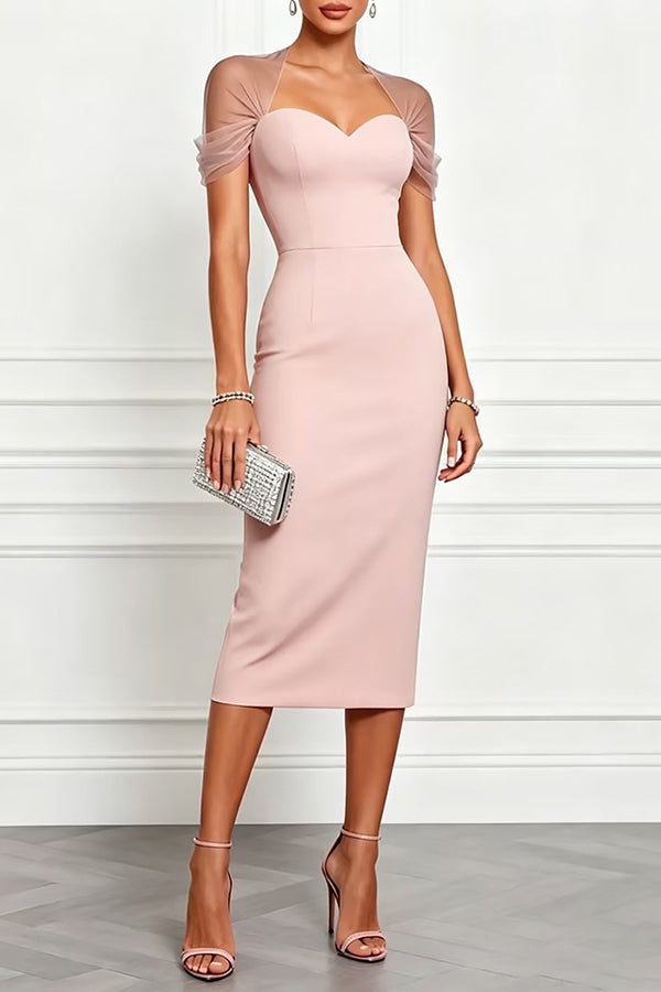 Black Emilie Mesh Sleeve Patchwork Sweetheart Neck Stretch Midi Dress