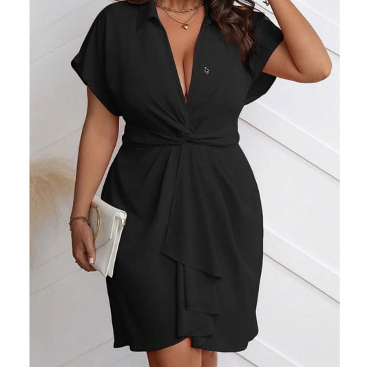 Plus Black Plunging Neck Short Sleeve Evening Party Occasion Dress | Color: Black | Size: Various
