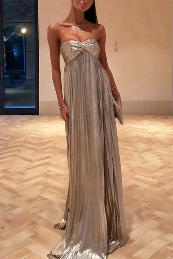 Night Elf Metallic Fabric Pleated Off Shoulder Twist Bust Slit Maxi Dress