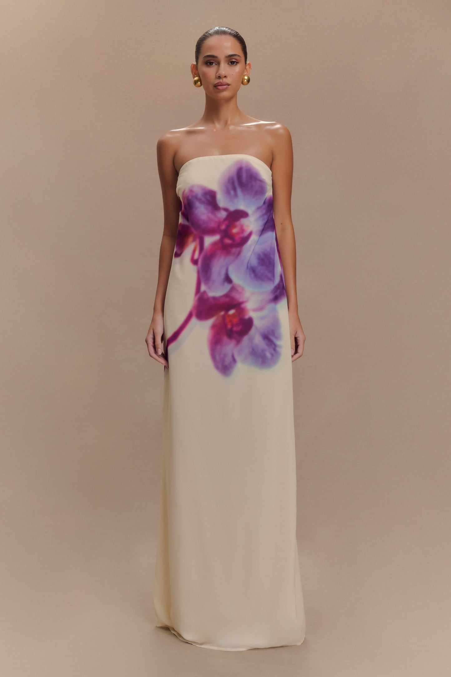 Ivory Koi Orchid Print Amaya Strapless Chiffon Maxi Dress