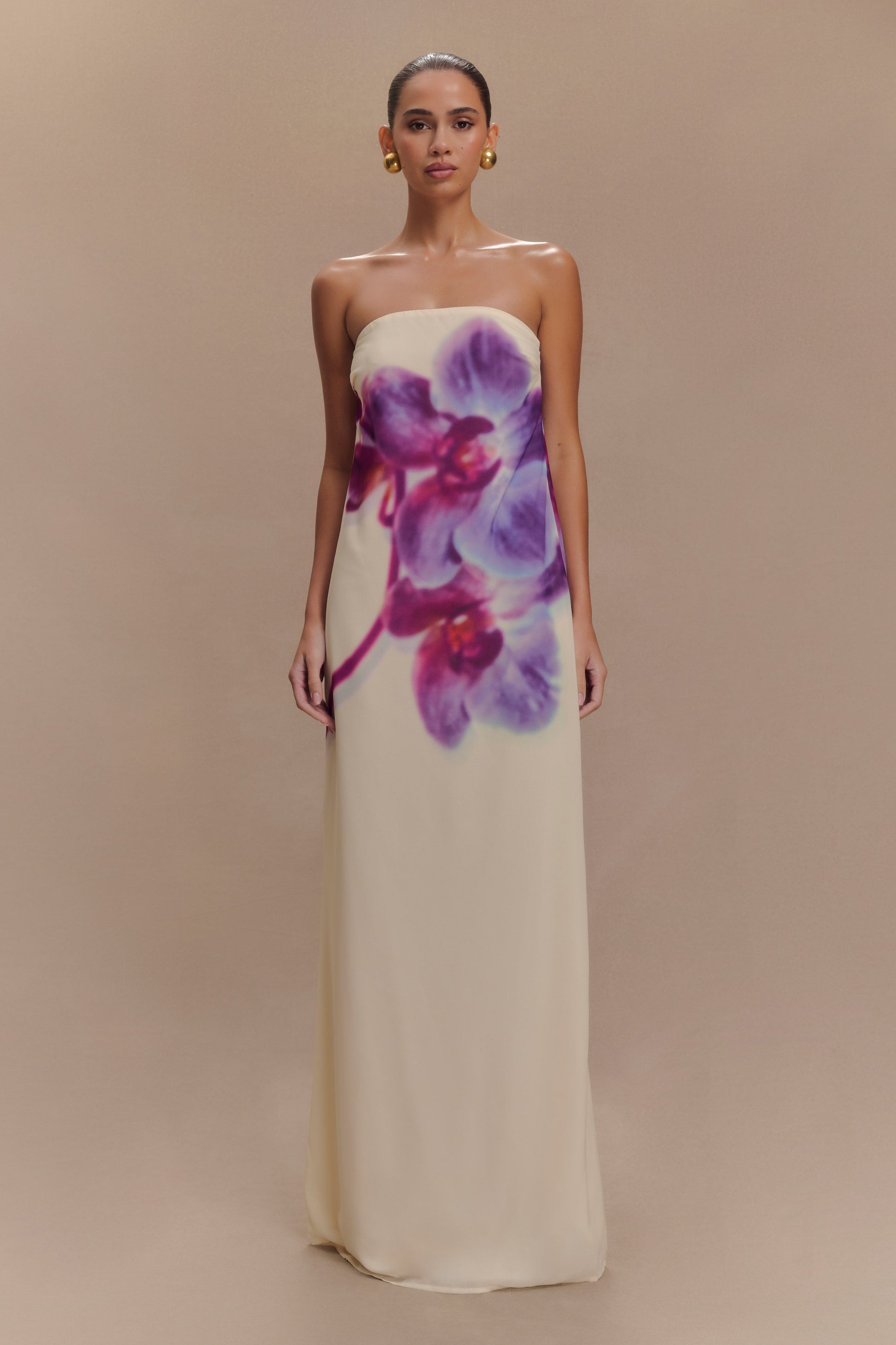 Ivory Koi Orchid Print Amaya Strapless Chiffon Maxi Dress
