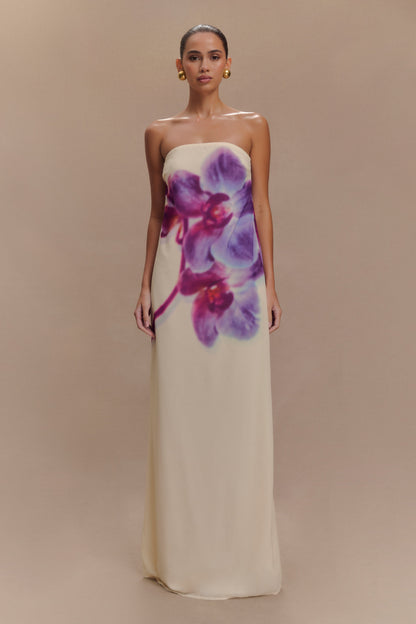 Ivory Koi Orchid Print Amaya Strapless Chiffon Maxi Dress