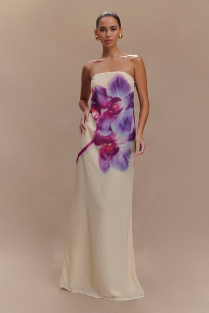 Ivory Koi Orchid Print Amaya Strapless Chiffon Maxi Dress