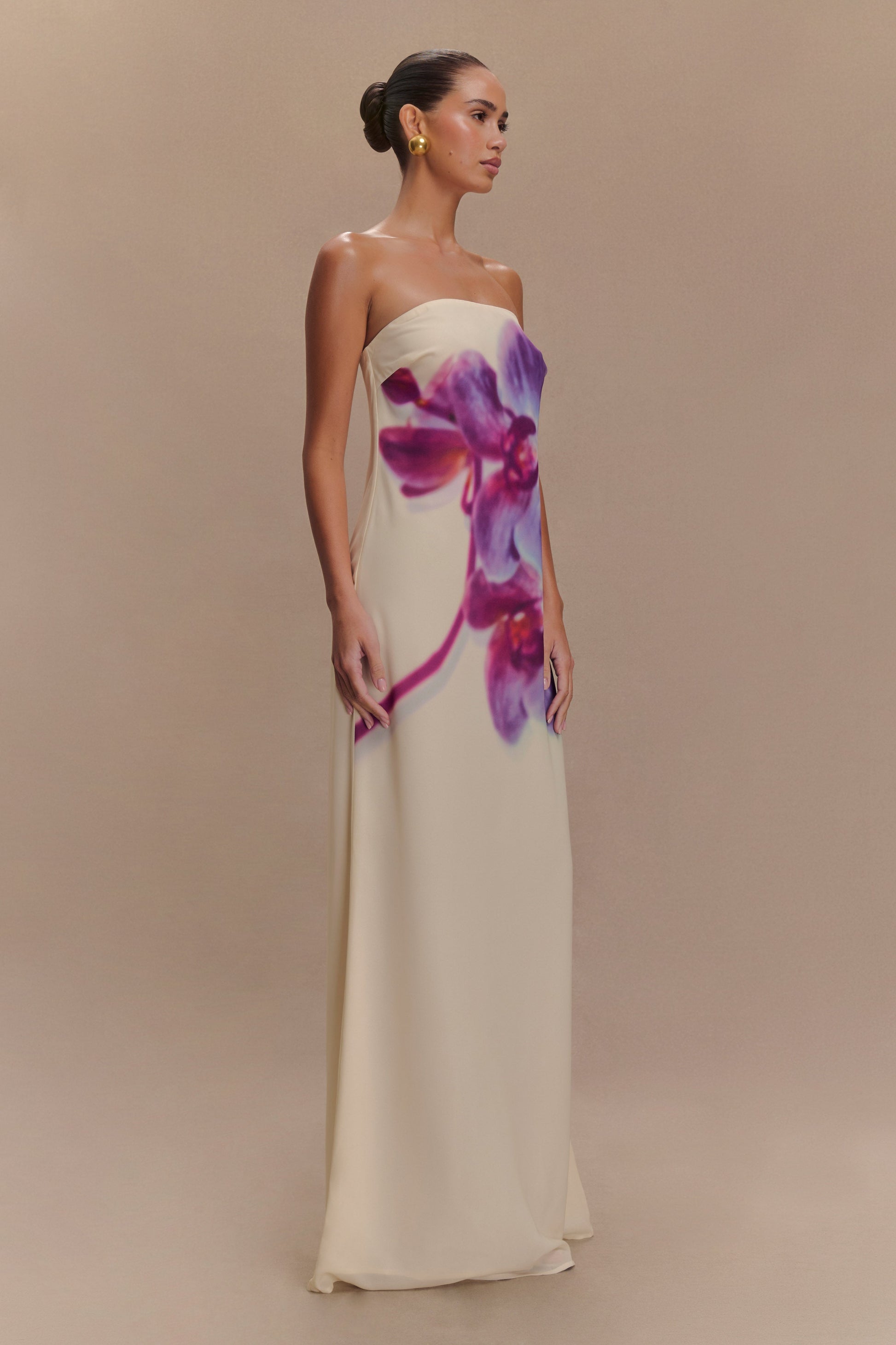 Ivory Koi Orchid Print Amaya Strapless Chiffon Maxi Dress