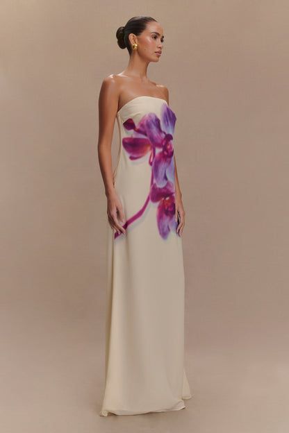 Ivory Koi Orchid Print Amaya Strapless Chiffon Maxi Dress