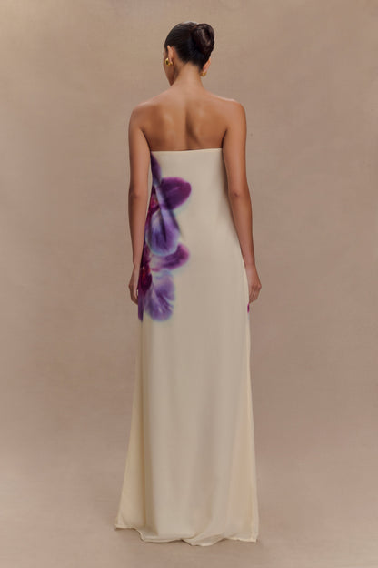 Ivory Koi Orchid Print Amaya Strapless Chiffon Maxi Dress