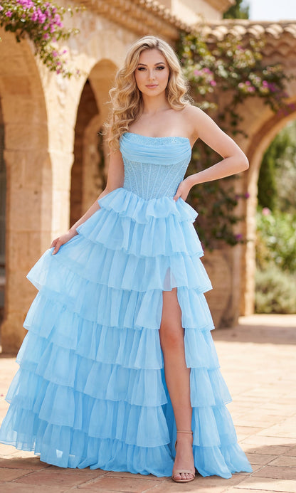 Black Evangeline Ruffled Prom Dress in Light Blue