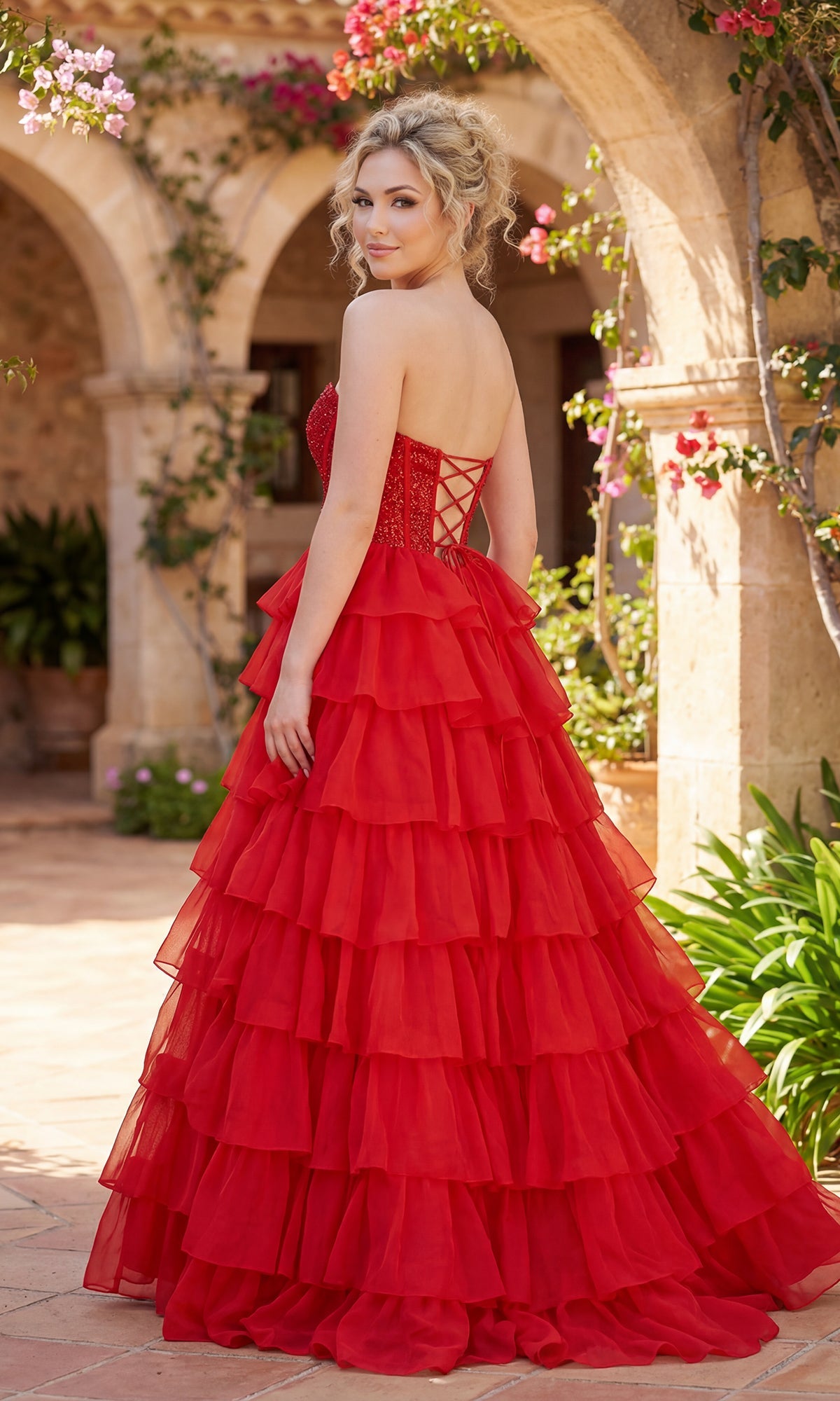 Red Evangeline Ruffled Prom Dress in Light Blue