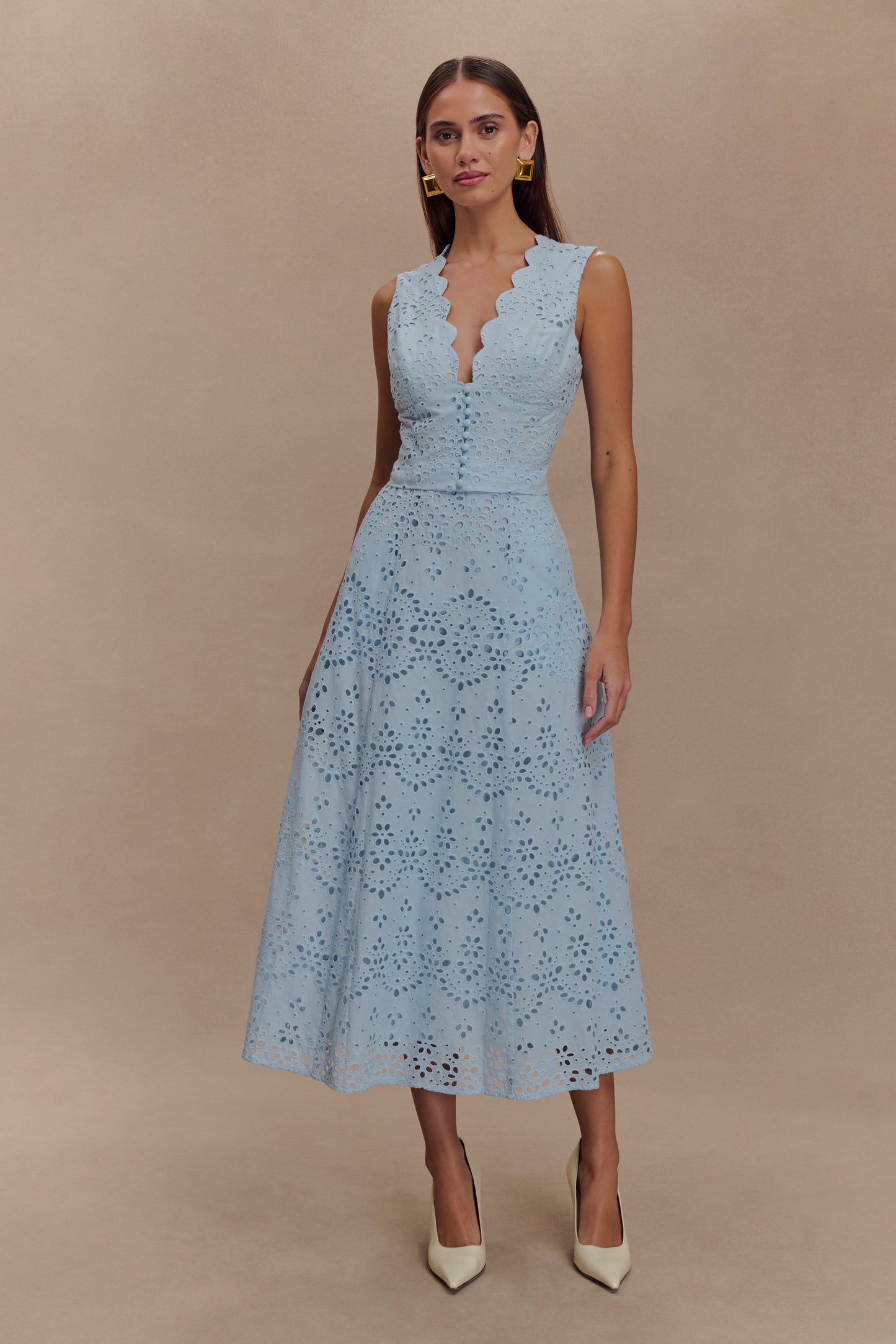 Pale Cornflower Blue Arla Broderie Midi Dress
