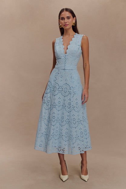 Pale Cornflower Blue Arla Broderie Midi Dress