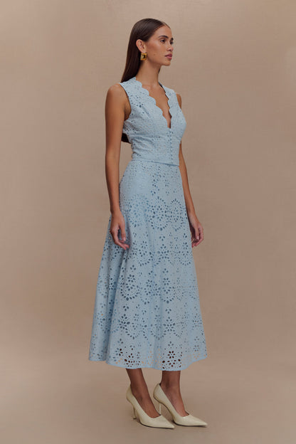 Pale Cornflower Blue Arla Broderie Midi Dress