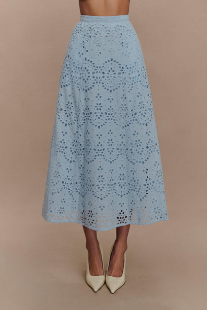 Pale Cornflower Blue Arla Broderie Midi Dress