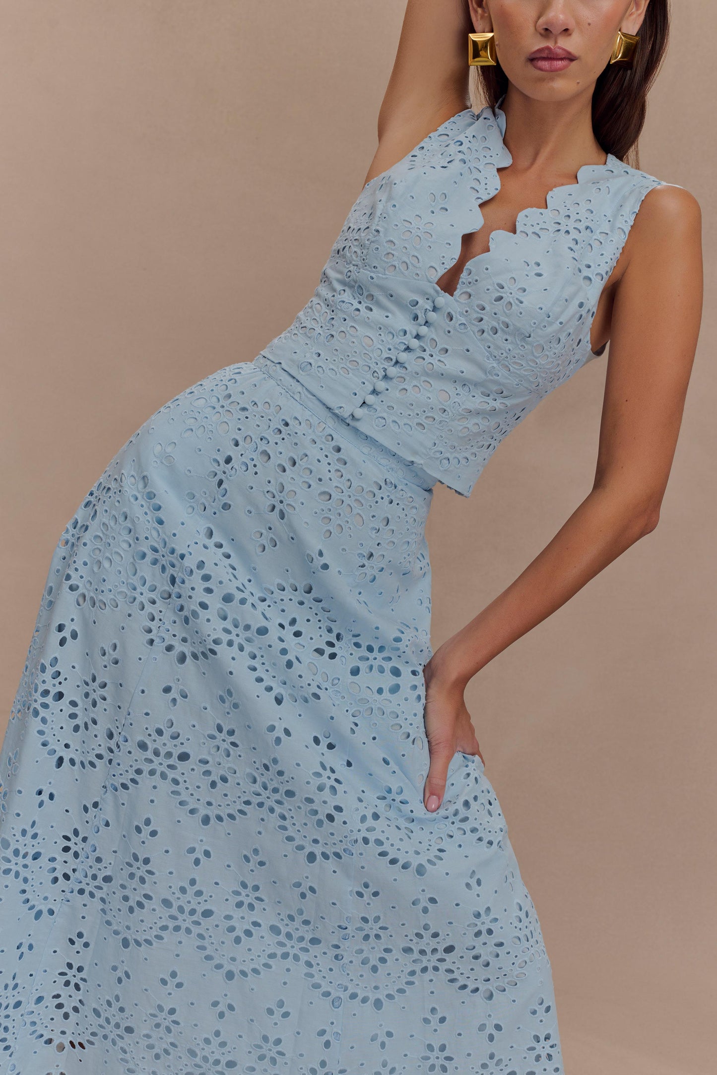 Pale Cornflower Blue Arla Broderie Midi Dress