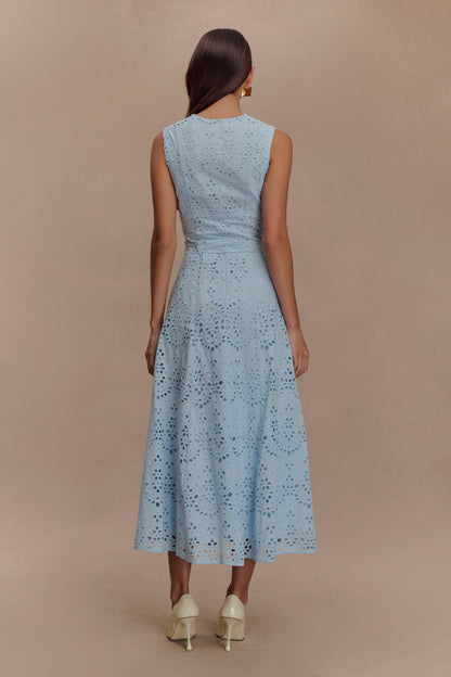 Pale Cornflower Blue Arla Broderie Midi Dress
