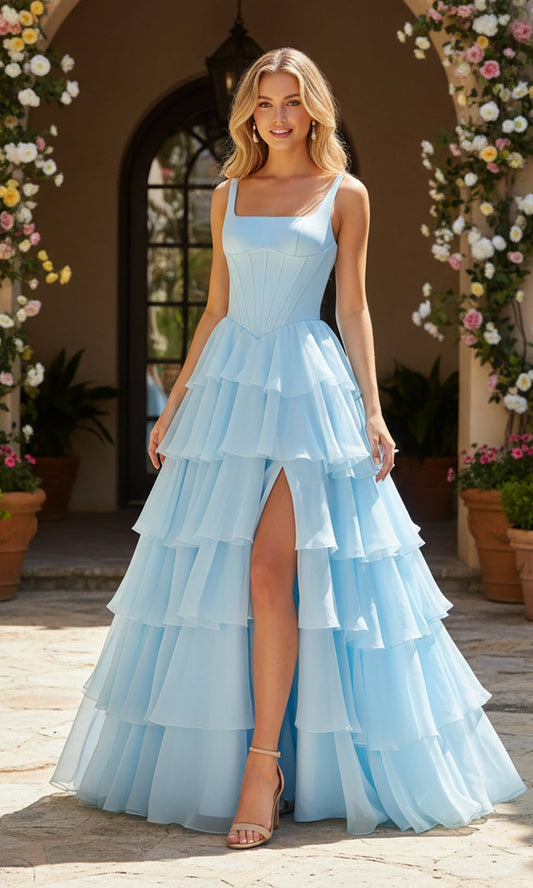 Light Blue Arabella Black Silk Evening Gown