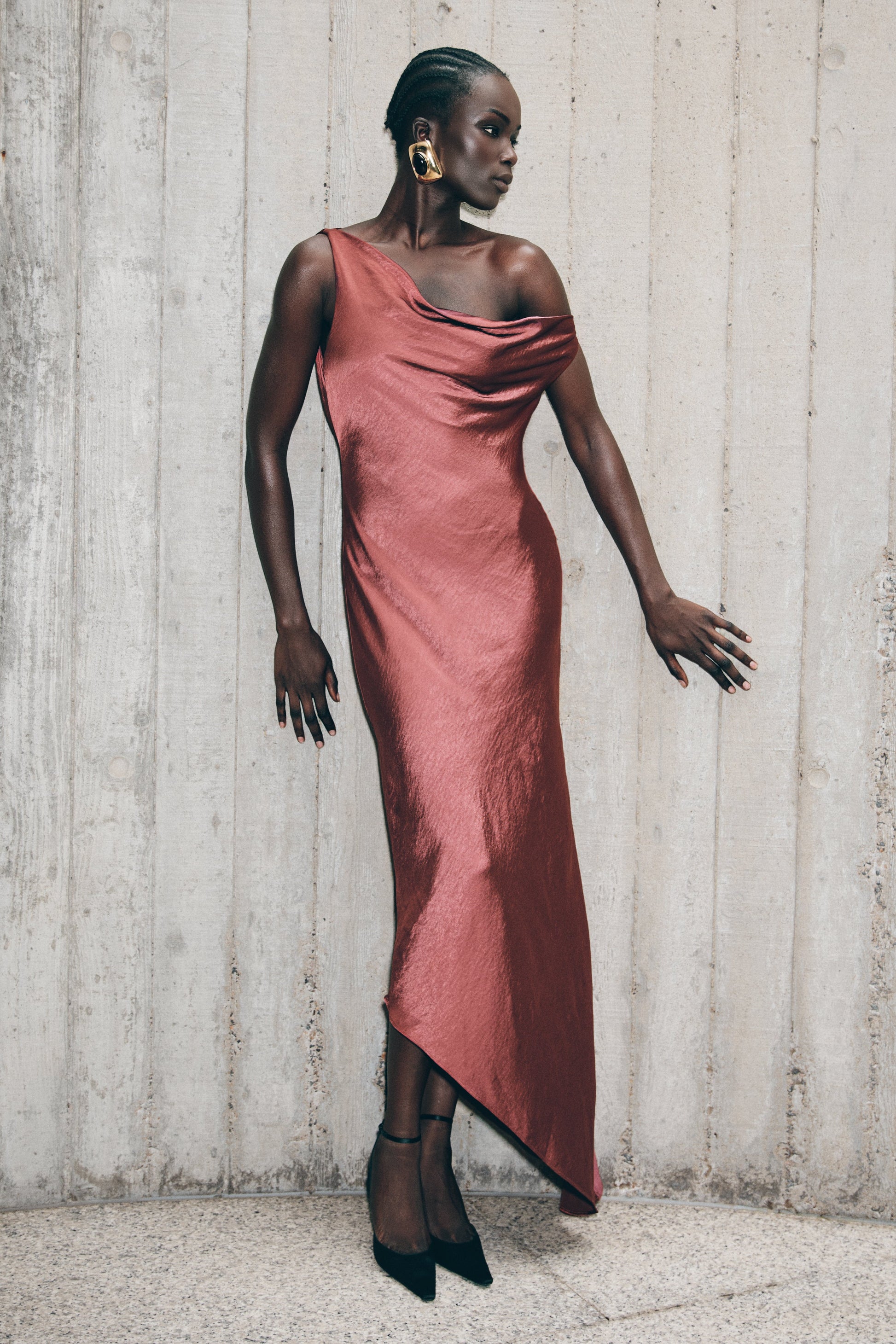 Brown Cherry Yvette Asymmetrical Slip Maxi Dress in Emerald