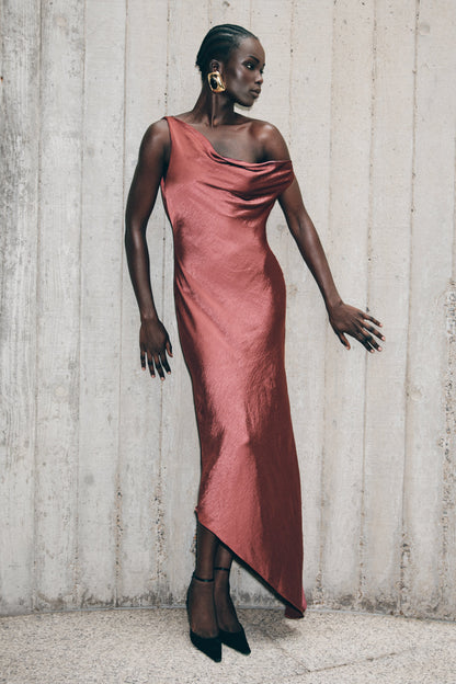 Brown Cherry Yvette Asymmetrical Slip Maxi Dress in Emerald