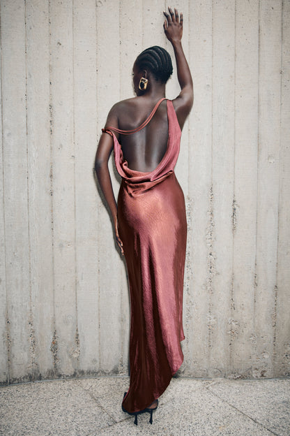 Brown Cherry Yvette Asymmetrical Slip Maxi Dress in Emerald
