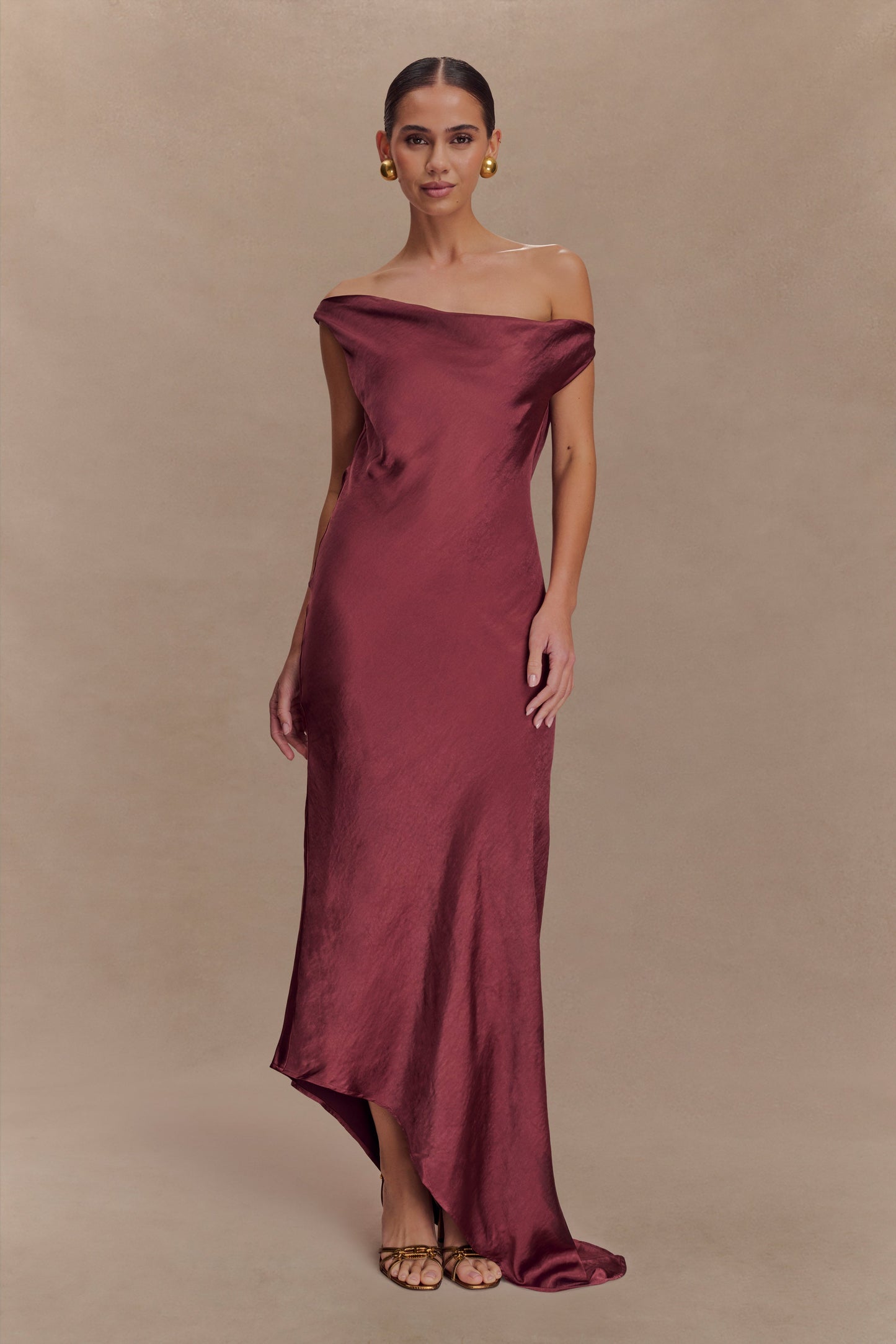 Brown Cherry Yvette Asymmetrical Slip Maxi Dress in Emerald