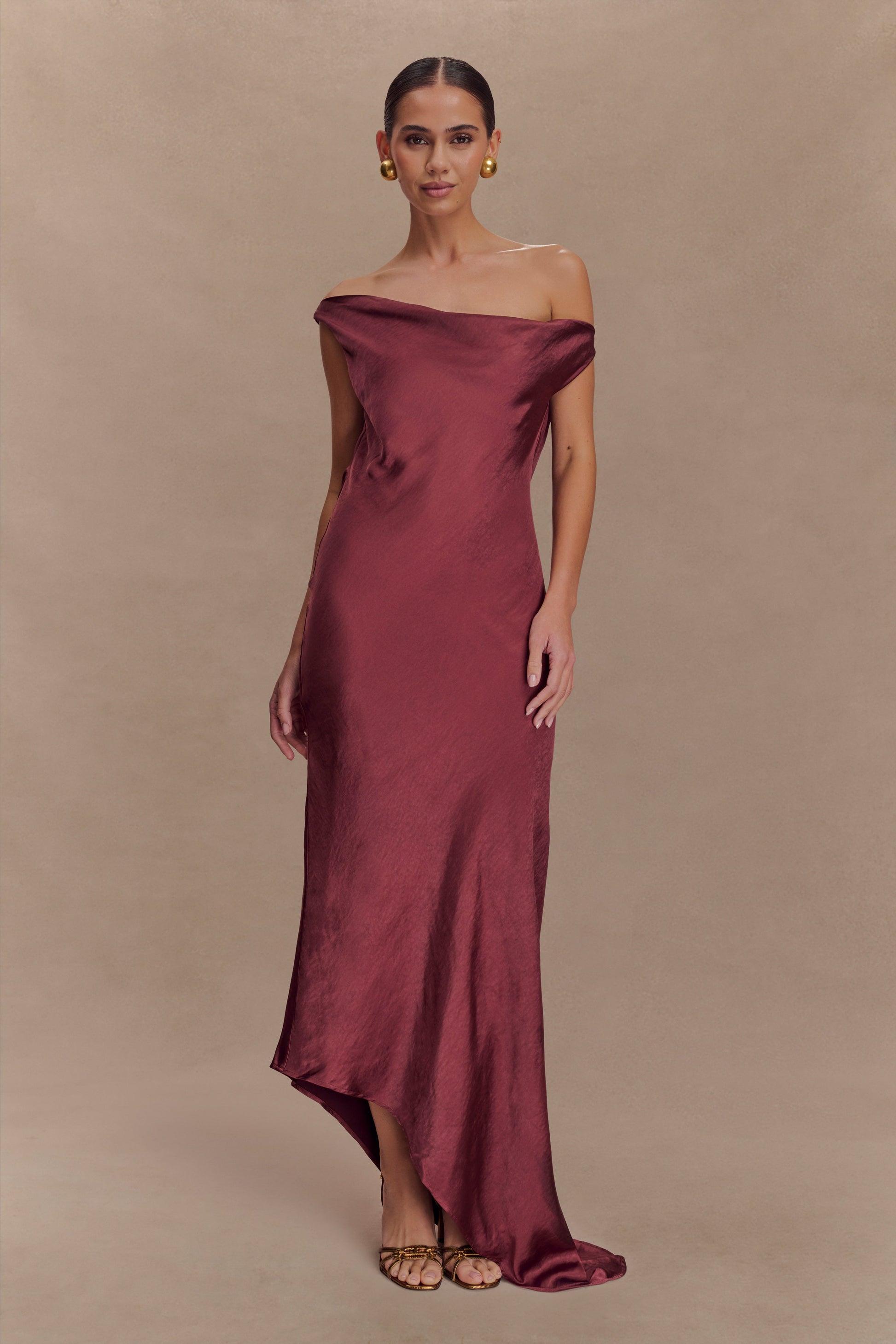 Brown Cherry Yvette Asymmetrical Slip Maxi Dress in Emerald