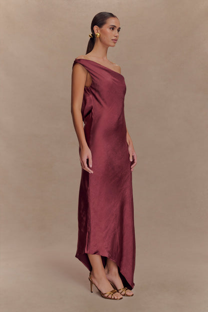 Brown Cherry Yvette Asymmetrical Slip Maxi Dress in Emerald