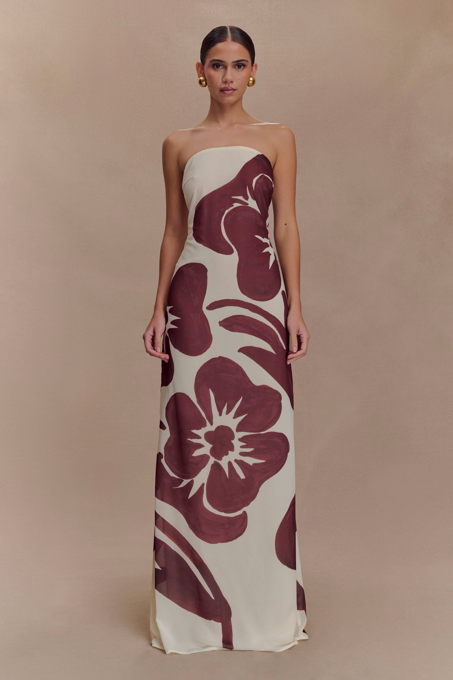 Brown Deco Fleur Print Amaya Strapless Chiffon Maxi Dress