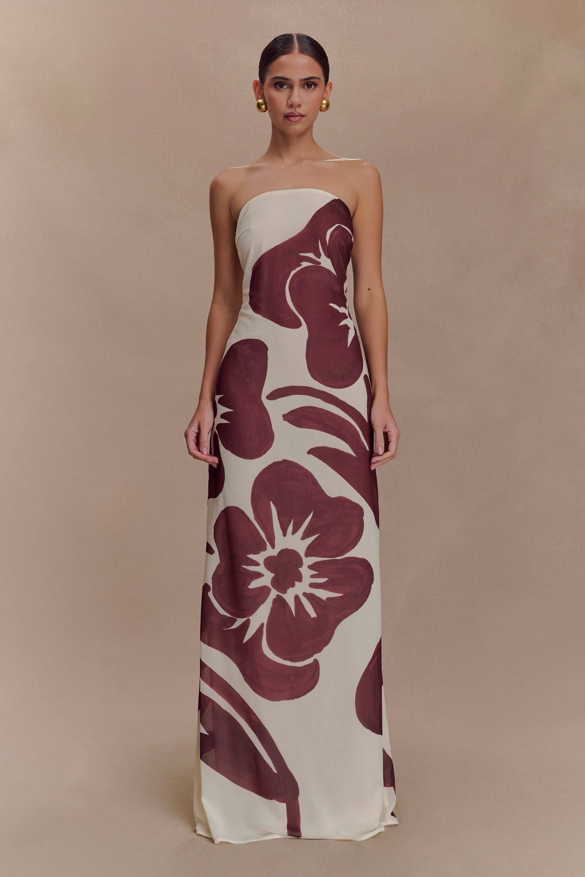 Brown Deco Fleur Print Amaya Strapless Chiffon Maxi Dress