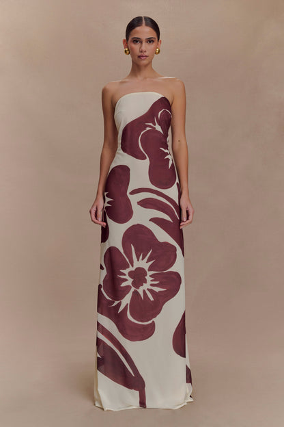 Brown Deco Fleur Print Amaya Strapless Chiffon Maxi Dress