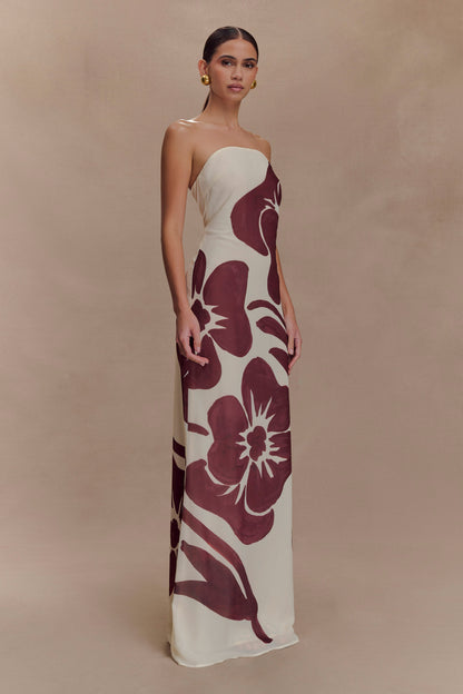 Brown Deco Fleur Print Amaya Strapless Chiffon Maxi Dress