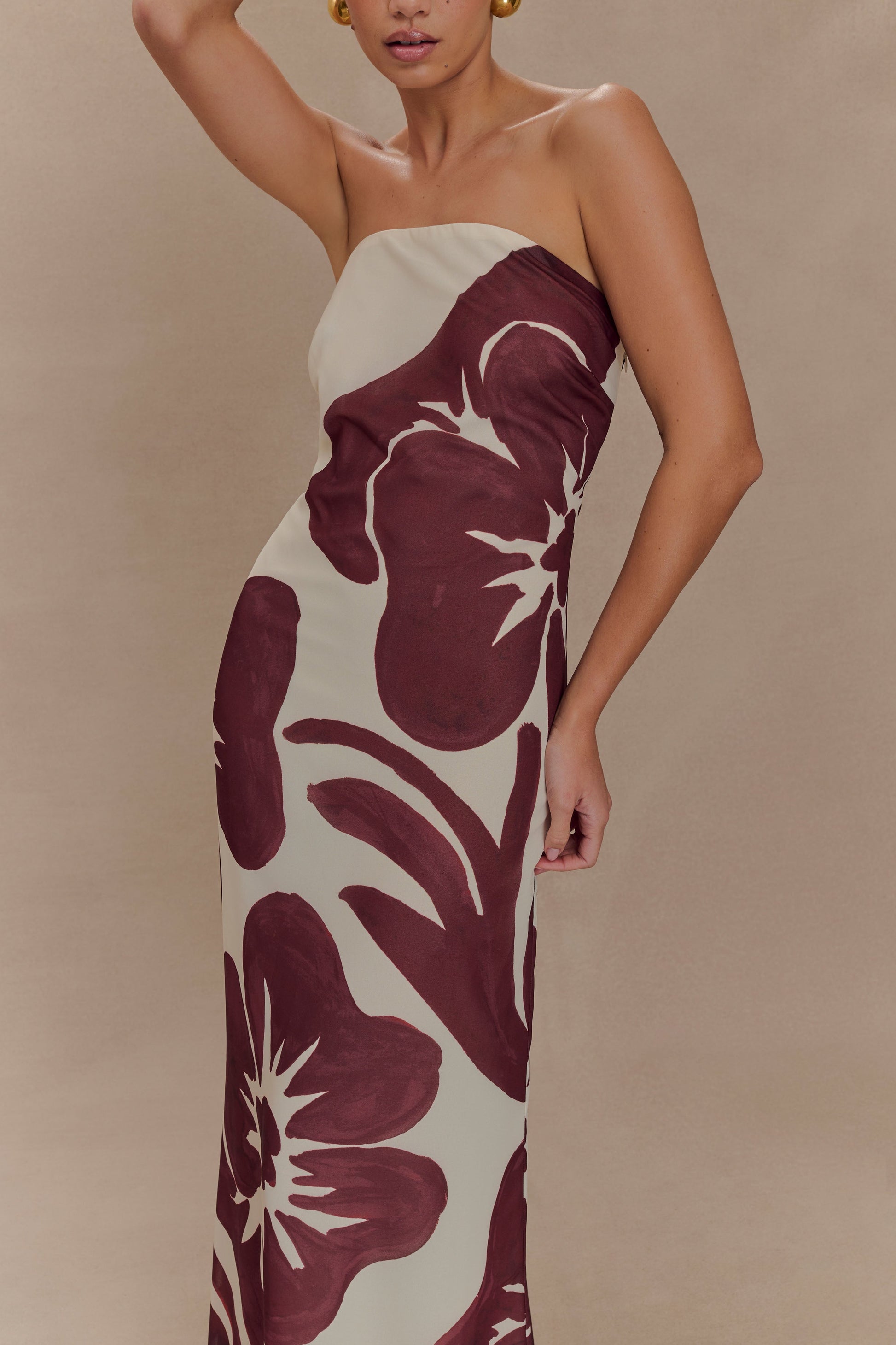 Brown Deco Fleur Print Amaya Strapless Chiffon Maxi Dress