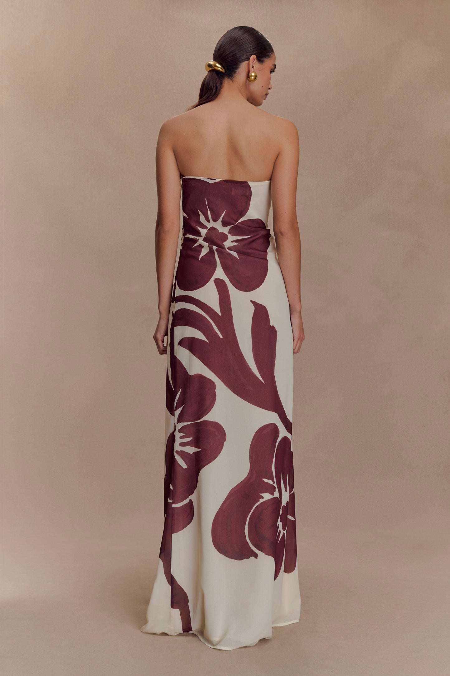 Brown Deco Fleur Print Amaya Strapless Chiffon Maxi Dress