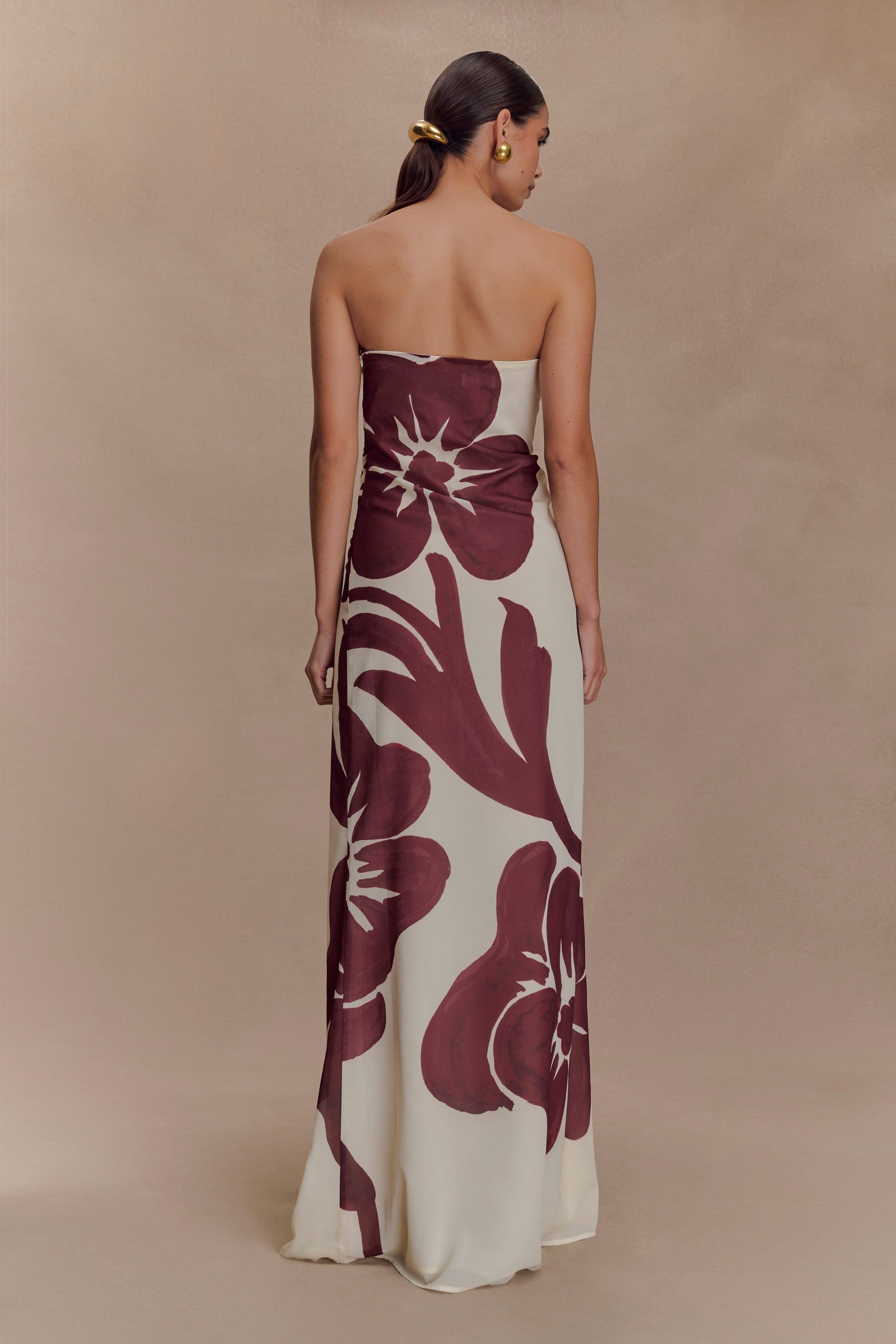 Brown Deco Fleur Print Amaya Strapless Chiffon Maxi Dress