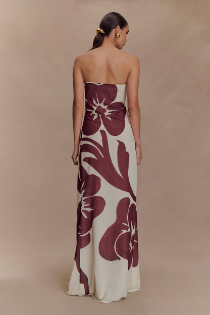 Brown Deco Fleur Print Amaya Strapless Chiffon Maxi Dress