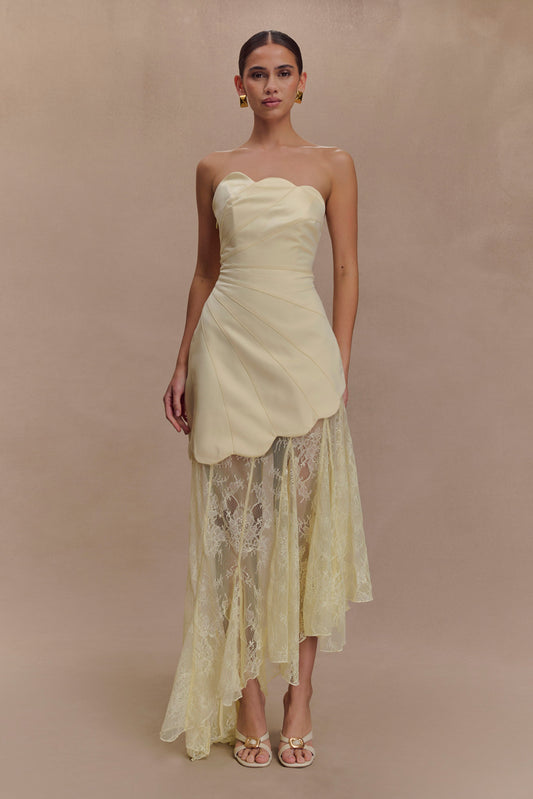 Lemon Aleena Satin & Lace Maxi Dress in Lemon