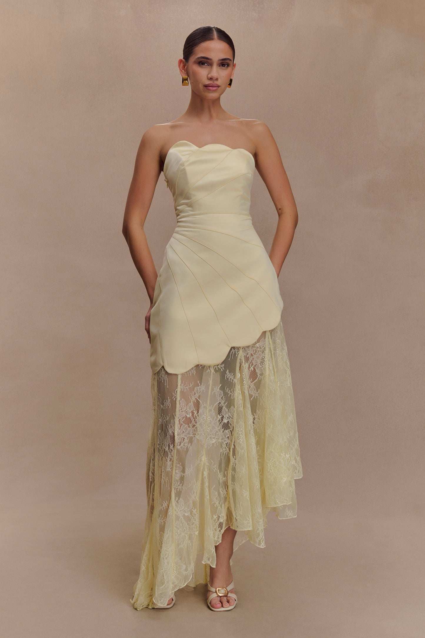 Lemon Aleena Satin & Lace Maxi Dress in Lemon