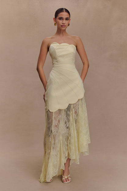 Lemon Aleena Satin & Lace Maxi Dress in Lemon